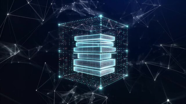Glowing blue database server stack, futuristic holographic data storage cube with dynamic light trails and network connections, symbolizing data storage, technology, and innovation.