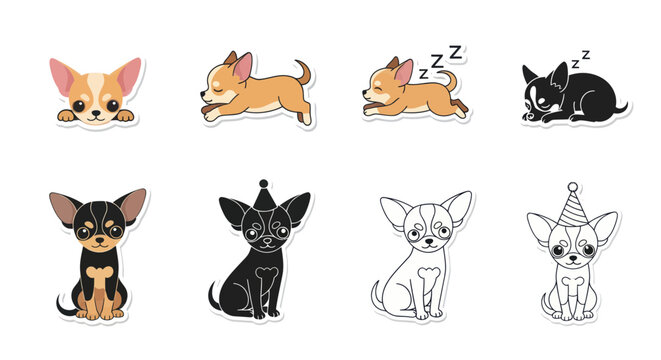 Colorful Chihuahua dog illustrations sitting.