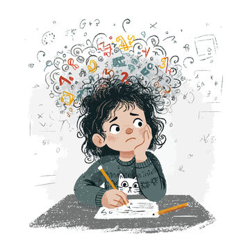 Young girl thinking deeply at desk.