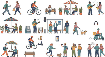 Modern Urban Lifestyle People Vector Illustration Set With Cycling, Coffee Shops, Street Music, Walking, And Daily City Activities. © Sagor