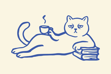 Relaxed cat with coffee and books Vector © Jrdesign0