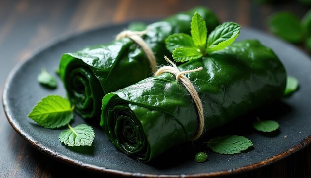 Two rolled green leaf parcels tied with twine sit on dark plate with fresh mint leaves. These are Turkish sarma food, a tasty, healthy, vegan meal preparation. They are garnished with parsley or dill.