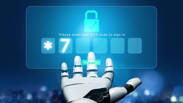Futuristic robotic hand interacting with digital security interface for OTP code entry in a secure login process at night with city lights background Sigmoid