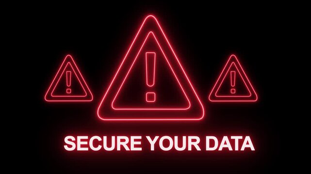 Cyber security alert neon sign featuring glowing red warning triangles and bold text secure your data for digital protection, network safety, information privacy, and online threat prevention concepts