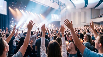 Fototapeta premium Vibrant Worship Service with Raised Hands in a Large Congregation.
