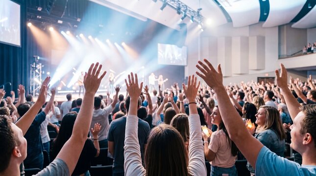 Vibrant Worship Service with Raised Hands in a Large Congregation.