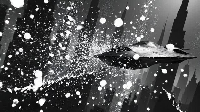 Futuristic spaceship flying through a cityscape with particles and abstract elements in a dramatic monochrome illustration