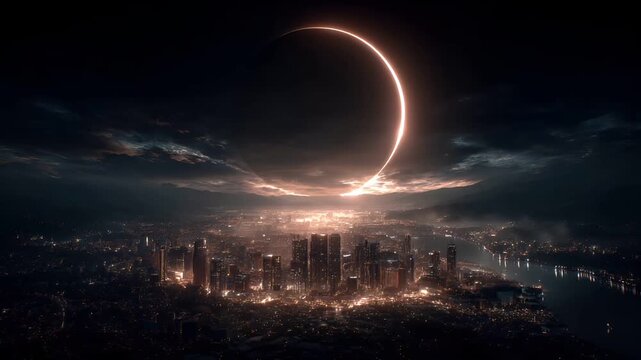 Eclipse, fantasy, mysterious, supernatural. A digital artwork depicts a nighttime cityscape. A crescent moon casts a radiant glow over the city. The city is densely populated with skyscrapers.