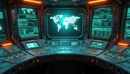 Obraz premium Futuristic spaceship bridge with multiple glowing screens showing world maps, data charts. Command center features complex control panels, futuristic tech interface. Sci-fi digital illustration for