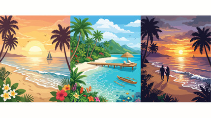 Obraz premium Vibrant tropical beach landscape scenes featuring golden sunset horizons clear blue ocean waters lush green palm trees and exotic floral decorations in a colorful artistic style