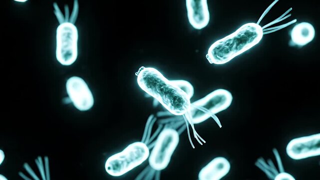 Microscopic view of glowing bacteria with flagella swimming in dark fluid.
