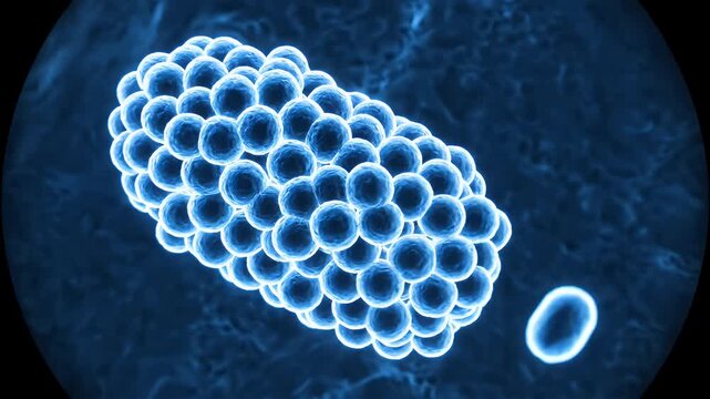 Microscopic view of glowing blue bacteria colonies and individual cells.