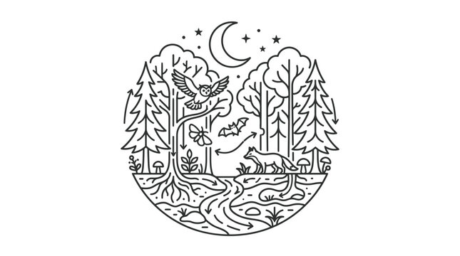 Circular forest scene illustration with fox and owl at night