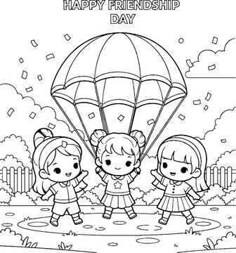 Three children playing with parachute on Friendship Day.