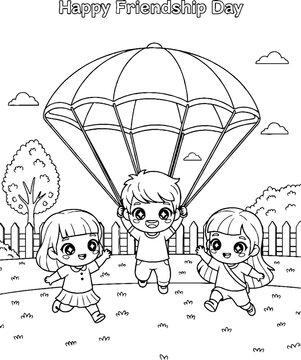 Cute cartoon children sharing parachute on Friendship Day.