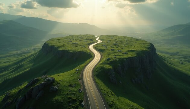 Winding road across grassy mountain plateau leads to unknown destination. Sun shines through clouds over rolling green hills. Path ahead represents life choice or journey.