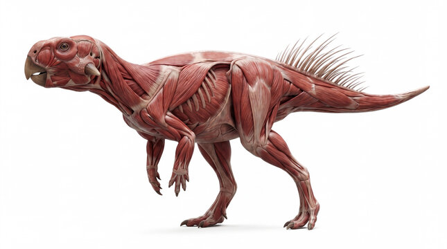 Psittacosaurus mongoliensis muscular anatomy view highlighting the complete musculature over the skeleton, highly realistic prehistoric reconstruction, scientifically accurate muscle placement and pro