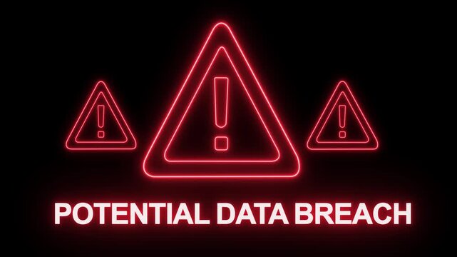 Urgent cyber security warning featuring glowing red neon potential data breach text and warning triangle for digital privacy protection, information theft alert, and network vulnerability concepts