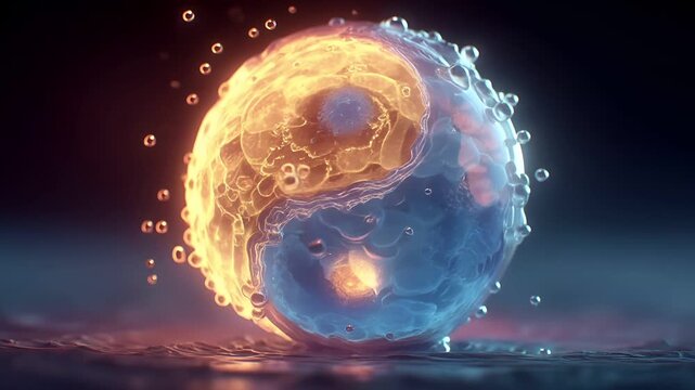 Yin Yang, Chinese philosophy, harmony, balance, Taoism. A digital artwork depicts a spherical object suspended in water. The object is illuminated by a warm, golden light.