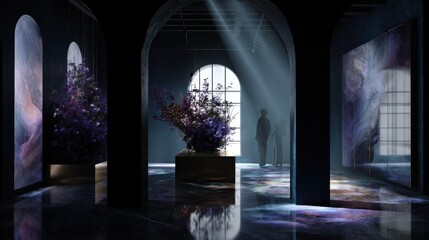 Fototapeta premium Dreamlike velvet-draped living room interior with minimalist modern design and dark palette, Gothic arches, natural light flooding through arched windows, dramatic cinematic lighting and subtle neon