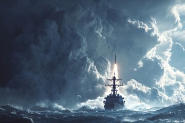 Fototapeta premium Majestic warship's missile launch unfolding in intense military scene. Epic poster. Navy warboat makes impact with missile release underneath stormy skies. Poster illustration. Hero poster.