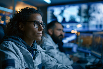 Obraz premium Female Engineers Monitoring Control Room Operations