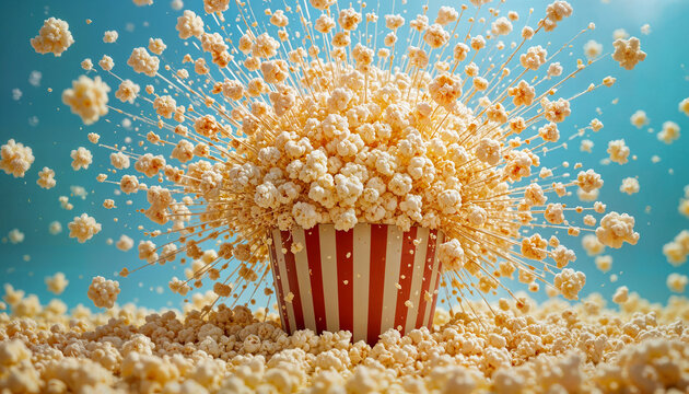 Colorful popcorn explosion from red and white striped bucket against blue background cinematic movie snack