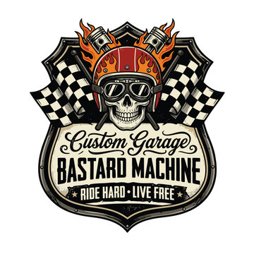 Realistische SKULL AND RACING FLAG Comic Vector Illustration | Totenkopf und Rennflagge f&uuml;r T-Shirt-Design