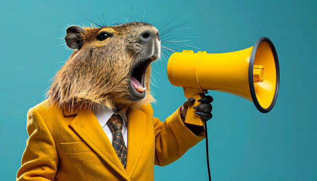 Capybara wearing a yellow suit and tie speaks loudly into a yellow megaphone on a teal background, conveying a message or announcement