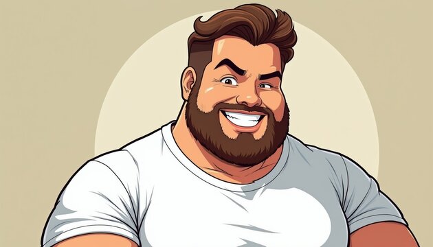 Plus size man with beard smiles broadly raises one eyebrow. Cheeky confident expression. Friendly cartoon guy wears white t shirt. Represents body positivity and acceptance.