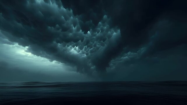Fantasy wallpaper. A dramatic depiction of a stormy sky over a vast expanse of water. The sky is filled with dark, stormy clouds, varying shades of blue and gray. A bright.