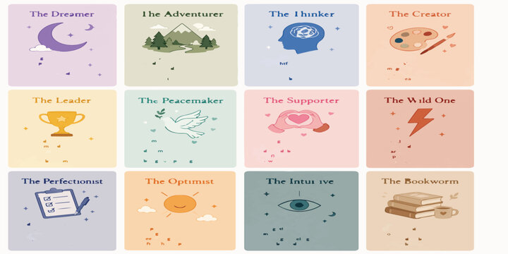 Illustrated character archetype profile cards for personality traits. personality archetype illustrated psychology behavior character graphics symbolism abstract collection template.