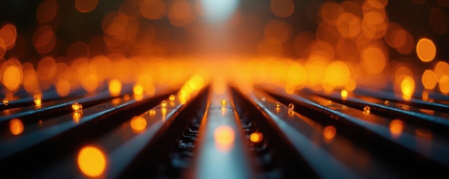 Orange bokeh lights reflect on parallel metal lines. Abstract background with glowing circles and dark streaks. Futuristic or science concept.