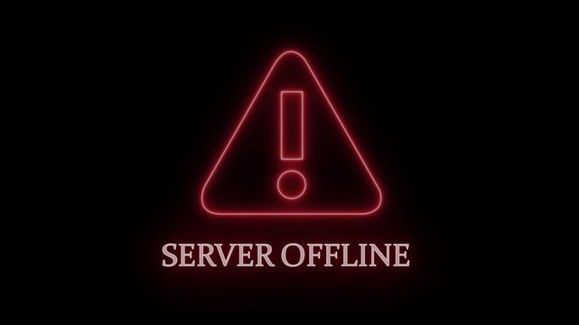 Glowing red neon server offline warning sign with pulsing alert triangle for cybersecurity breach, network connection failure, system maintenance, technical error, and digital infrastructure downtime