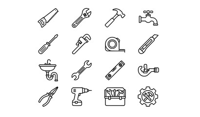 Obraz premium Plumbing and repair line icon collection with faucet and tool vector symbols