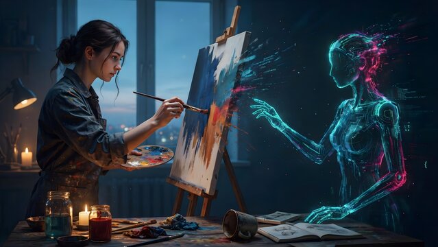 An artist collaborating with a glowing AI entity made of flowing code, both painting on the same canvas as their styles merge into a single evolving masterpiece