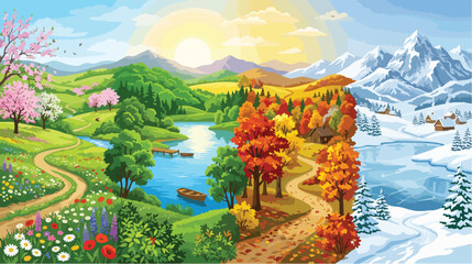 Obraz premium Vibrant landscape illustration showcasing the four changing seasons transition smoothly across a beautiful scenic valley with lush green hills colorful autumn trees and snowy mountain peaks