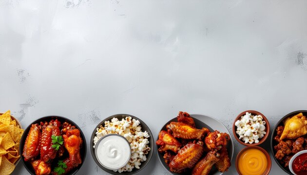 Flat lay of game day party snacks featuring chicken wings, popcorn, and nachos forming a bottom border with large copy space
