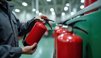 Obraz na płótnie Canvas Technician checks red fire extinguisher readiness in workshop setting. Inspecting device for safety compliance and optimal function. Ensuring preparedness for emergencies at facility.