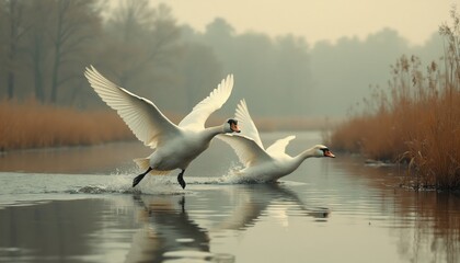 Fototapeta premium Two white swans lift off water spraying during early morning mist. Birds fly over calm lake near reeds and bare trees. Peaceful nature scene shows wildlife migration at dawn.