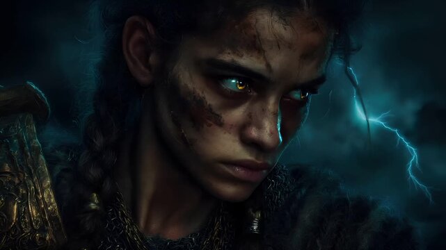 Fantasy wallpaper. A dramatic portrayal of a female warrior, set against a stormy backdrop. Her intense gaze is fixed on something unseen. Her skin is a mix of dark and light shades.