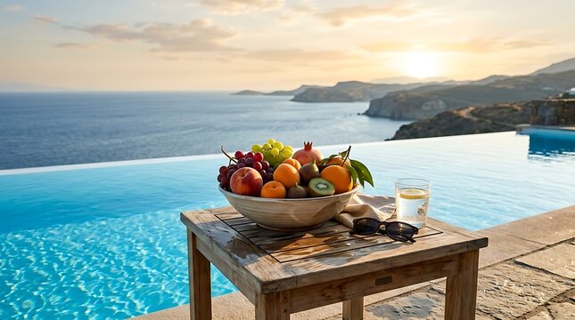 Luxury infinity pool with fruit bowl and sunglasses overlooking the ocean at sunset