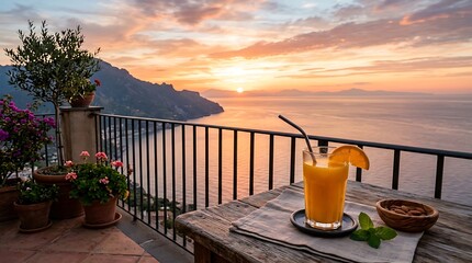 Fototapeta premium Refreshing Orange Juice on a Balcony with Sunset View over the Mediterranean Sea