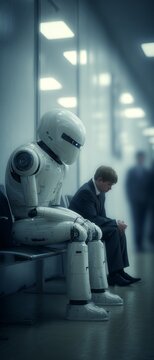 Facing the future: anxiety in the age of ai automation. Technological self. Atmosphere of anticipation: human and robot await their fate. Digital consciousness. Neural interface.