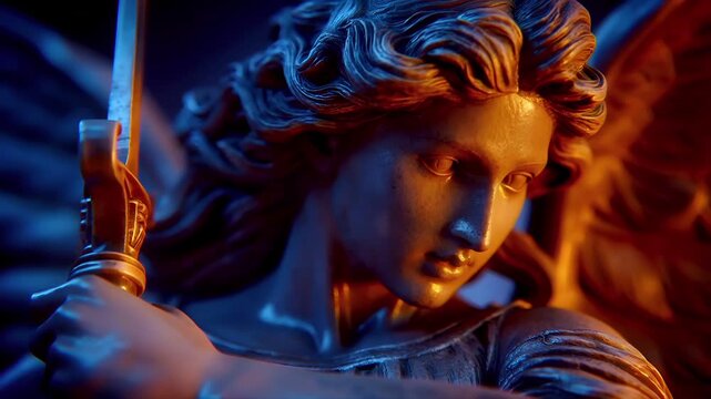 Fantasy wallpaper. A closeup of a detailed statue of an angel, rendered in a dramatic style. The angel has wavy, curly hair and is depicted in a contemplative pose.