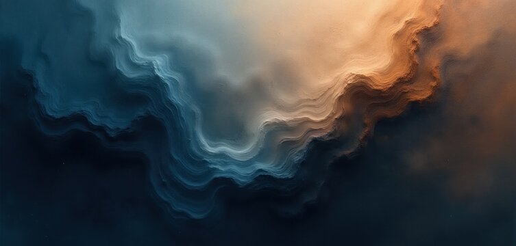 Abstract flowing texture with wavy layers in dark blue brown and beige tones. Organic shapes suggest geological strata or cloud formations. Background suitable for tech science or nature themes.