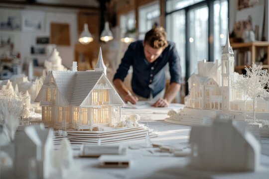 architect working on building models in studio