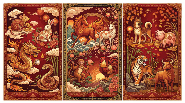 Intricate triptych illustration featuring all twelve Chinese zodiac animals arranged in decorative panels with rich red tones gold accents and traditional oriental artistic cultural styling elements