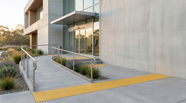 Modern building entrance with wheelchair accessible ramp