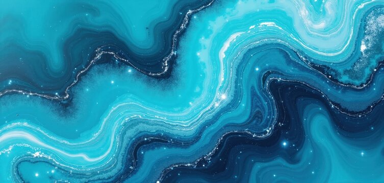 Abstract blue and turquoise fluid art background. Swirling marble texture with glittery accents resembles deep ocean water or galaxy space. Modern acrylic paint pour effect.